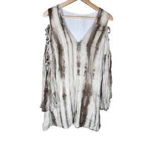HONEY BELLE Brown White Tie Dye Cold Shoulder Bell Sleeve Hippie Boho Tunic SZ S